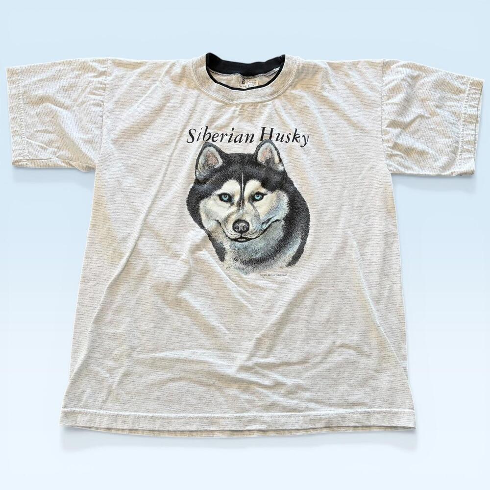 Vintage Siberian Husky Shirt Mens Large Gray Dog Graphic Air Waves USA 90s